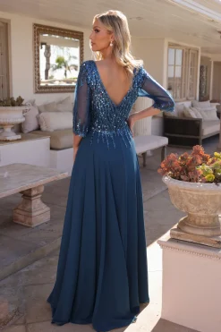 Lang blå selskabskjole med ærmer MF100