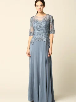 Lang festkjole med korte ærmer 5222