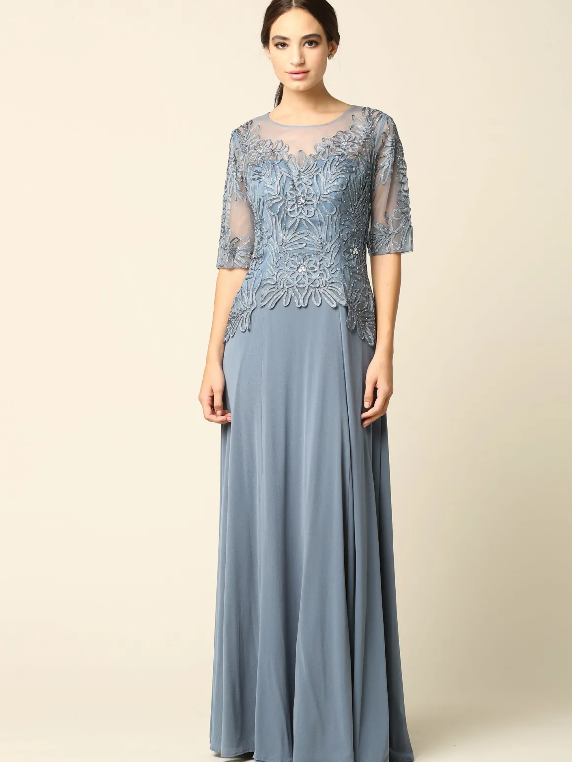 Lang festkjole med korte ærmer 5222