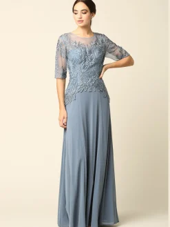 Lang festkjole med korte ærmer 5222