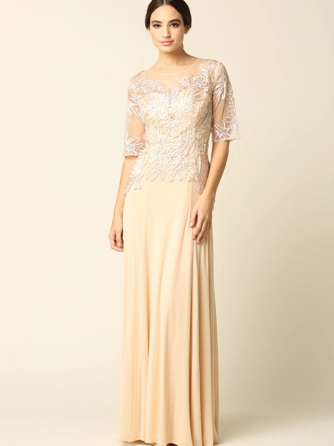 Lang festkjole med korte ærmer 5222