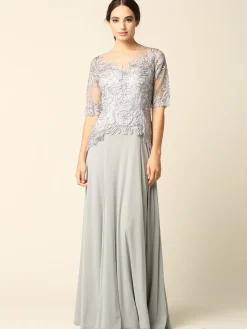 Lang festkjole med korte ærmer 5222