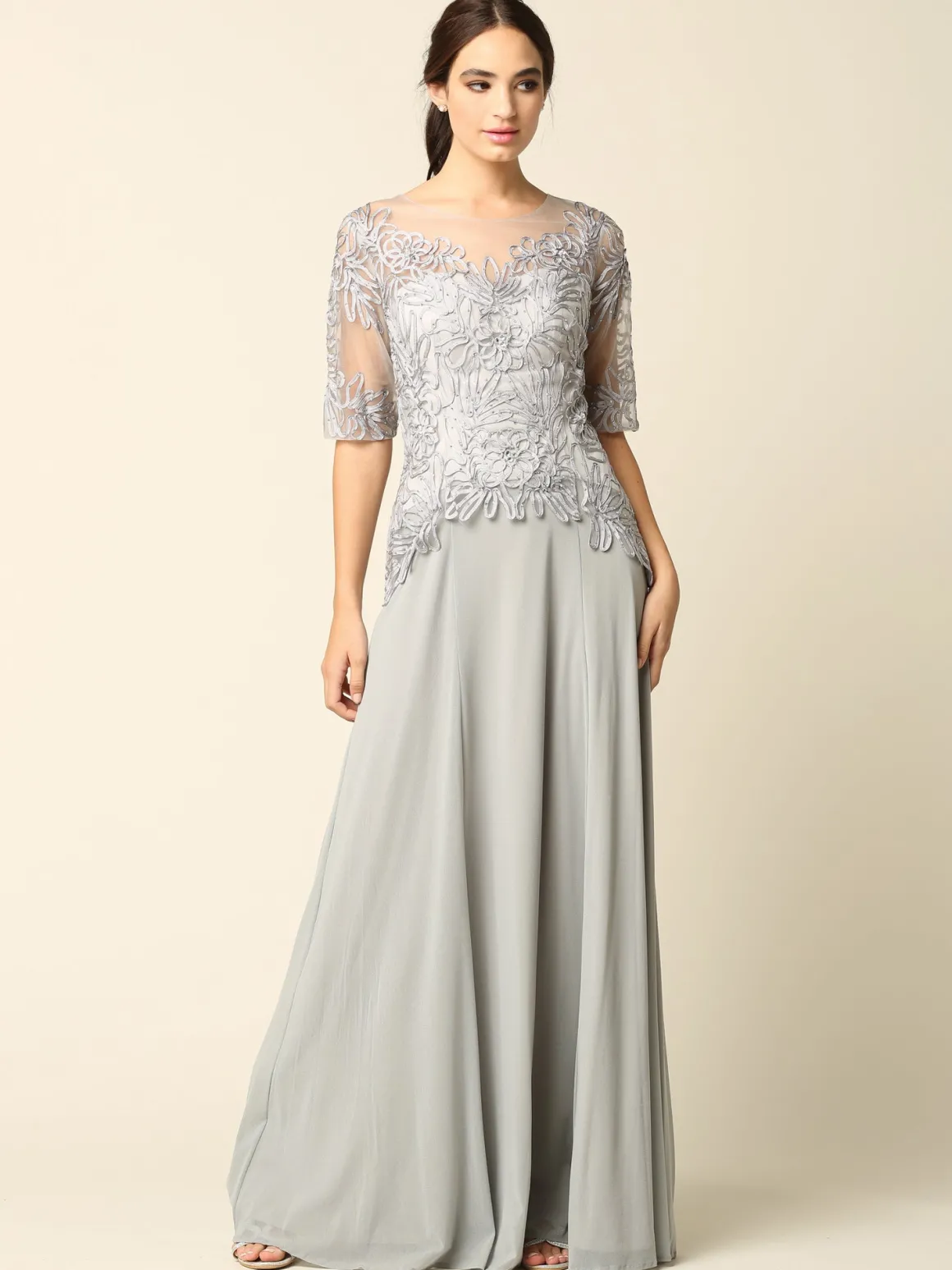 Lang festkjole med korte ærmer 5222