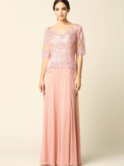 Lang festkjole med korte ærmer 5222