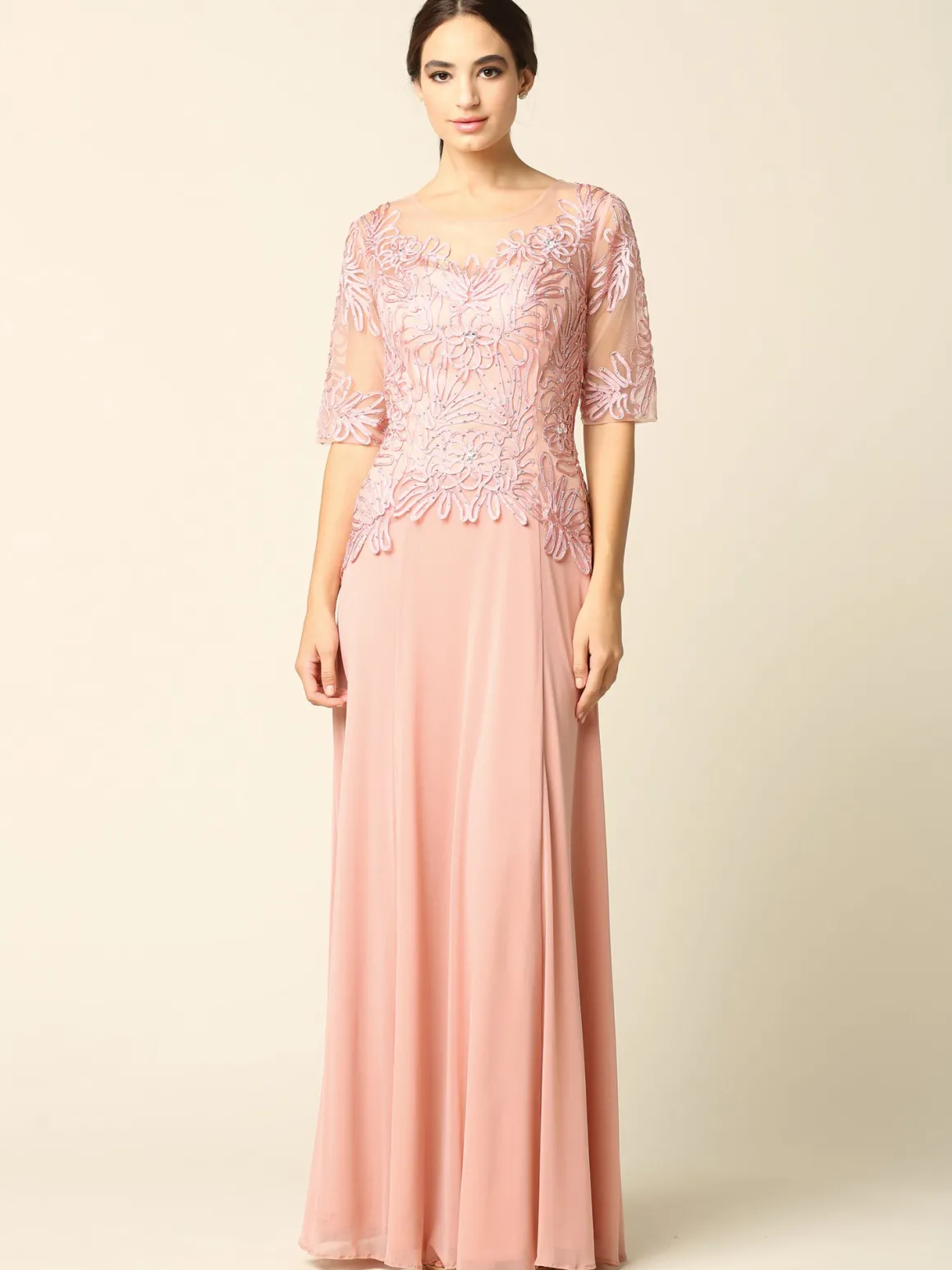 Lang festkjole med korte ærmer 5222