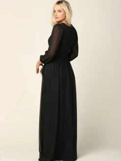 Sort lang festkjole med ballonærmer