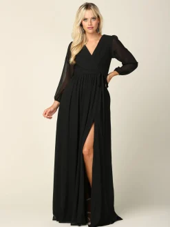 Sort lang festkjole med ballonærmer