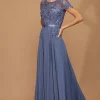 Støvet blå lang festkjole med korte ærmer 5130
