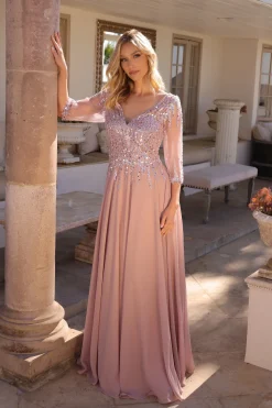 Lang festkjole pale pink med ærmer MF100