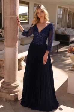 Lang navy fstkjole i plisseret shimmer MF102