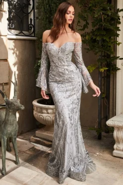 Lang sølv gallakjole med offshoulders og lange ærmer La Divine CM319
