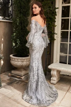 Lang sølv gallakjole med offshoulders og lange ærmer La Divine CM319