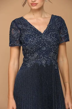 Navy metallisk kjole med plissè 5241
